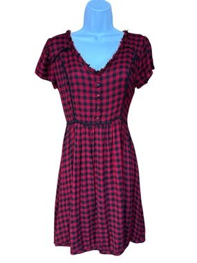 Hot Topic Gothic Babydoll Plaid Red Black Frayed Hem Tie Back Dress Medium